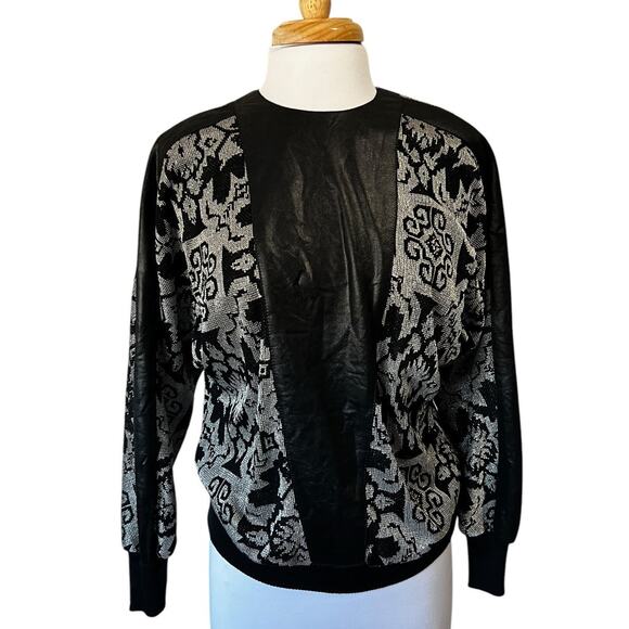 Vintage 80s Faux Leather Metallic Whimsigoth Big Shoulder Dolman Top Women's S - Picture 1 of 9